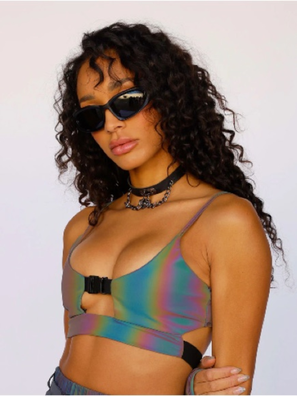 iHeartRaves Trippy Drip Oil Spill Psychedelic Multicolor Buckle Cutout Rave Top - Picture 6 of 7